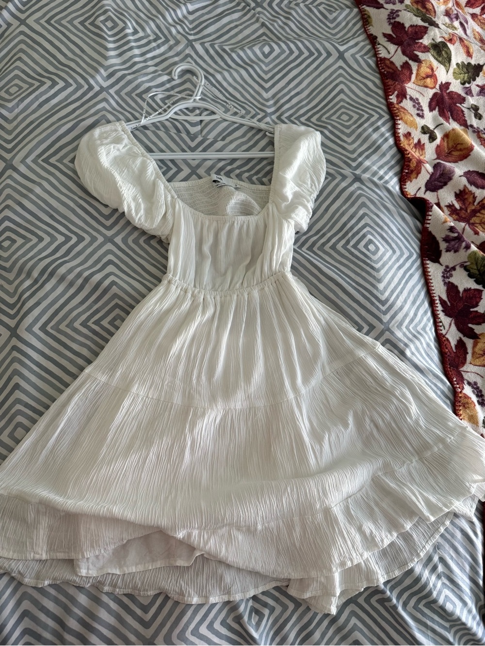 twik White Puff-Sleeve Tiered Midi Dress